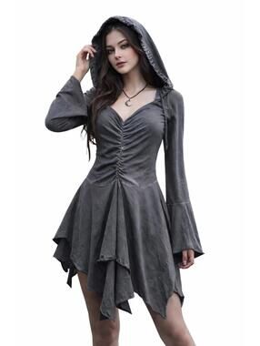 NWT Current Mood Fairy Hoodie Dress XL Gray Ruched Hooded Goth Boho Mini